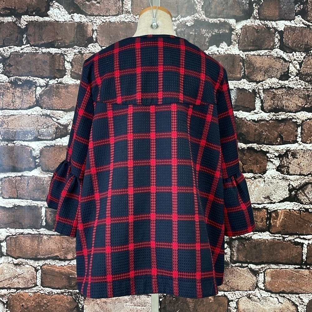 Entro Jacket Women's M Medium Blue Red Plaid Flare Sleeves Waffle Full Zip - Picture 13 of 16